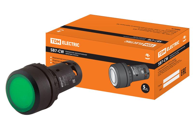 Кнопка с фиксацией SB7-CWL3365-220V(LED) d22мм 1з+1р зеленая