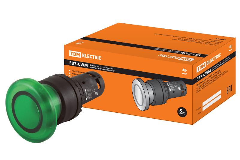 Кнопка грибовидная SB7-CWM31-220V(LED) d35мм 1з зеленая