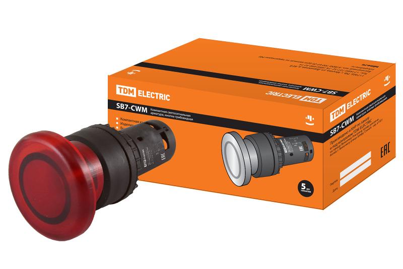 Кнопка грибовидная SB7-CWM42-220V(LED) d35мм 1р красная