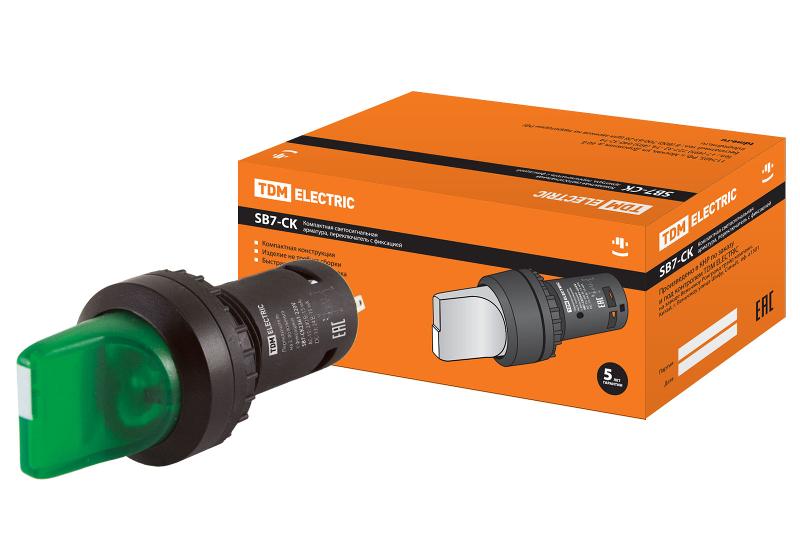 Переключатель на 2 положения с фиксацией SB7-CK2361-220V короткая ручка(LED) d22мм 1з зеленый