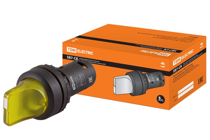 Переключатель на 2  положения с фиксацией SB7-CK2565-24V короткая ручка(LED) d22мм 1з+1р желтый