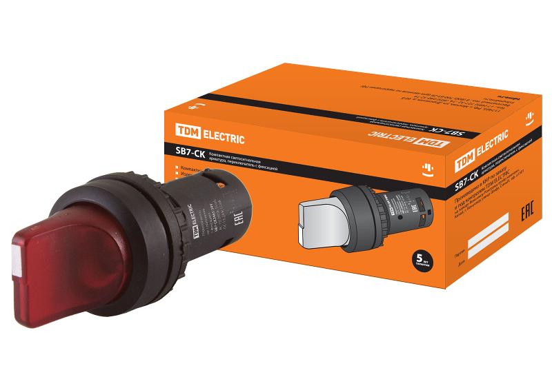 Переключатель на 3 положения с фиксацией SB7-CK3465-24V короткая ручка(LED) d22мм 1з+1р красный