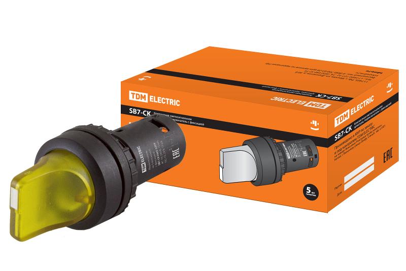 Переключатель на 3 положения с фиксацией SB7-CK3565-220V короткая ручка(LED) d22мм 1з+1р желтый