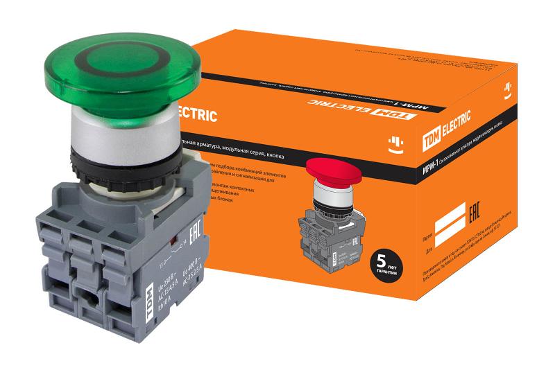 Кнопка грибовидная МРМ1-11G(LED) в сборе d40мм/220B 1з+1р зеленая