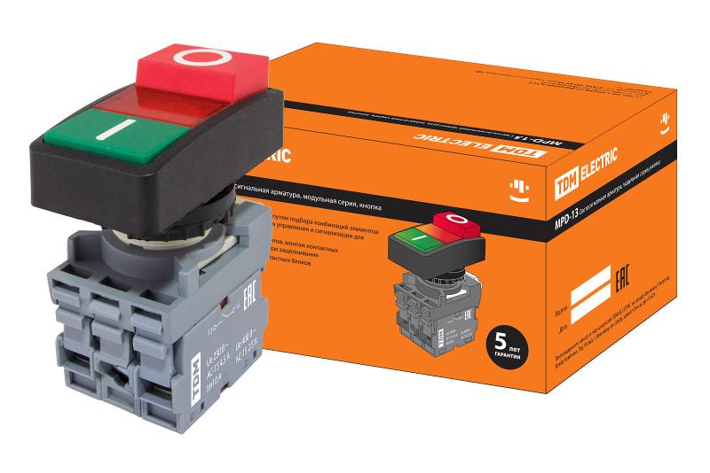 Кнопка двойная MPD13-11R (зеленая/красная-выступающая) (LED) d22мм/220В (I/O)  линза красная
