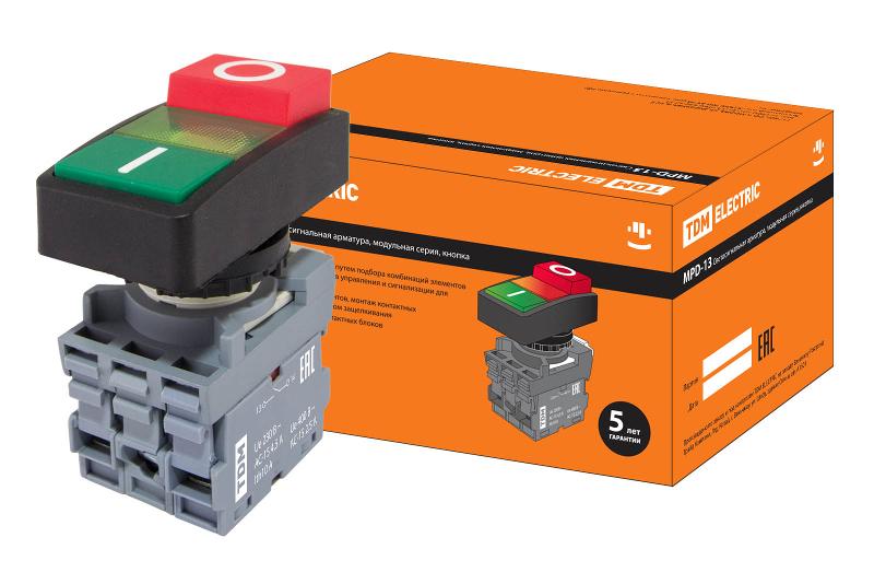 Кнопка двойная MPD13-11G (зеленая/красная-выступающая) (LED) d22мм/220В (I/O)  линза зеленая