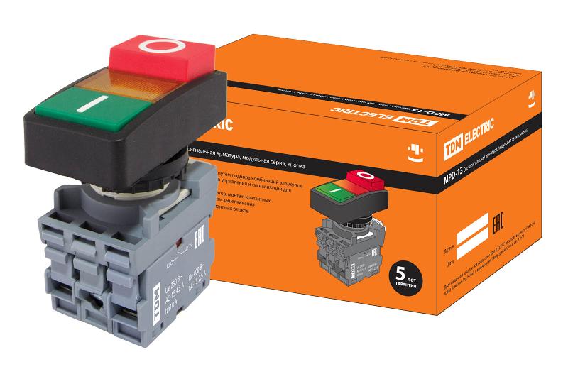 Кнопка двойная MPD13-11Y (зеленая/красная-выступающая) (LED) d22мм/220В (I/O)  линза желтая