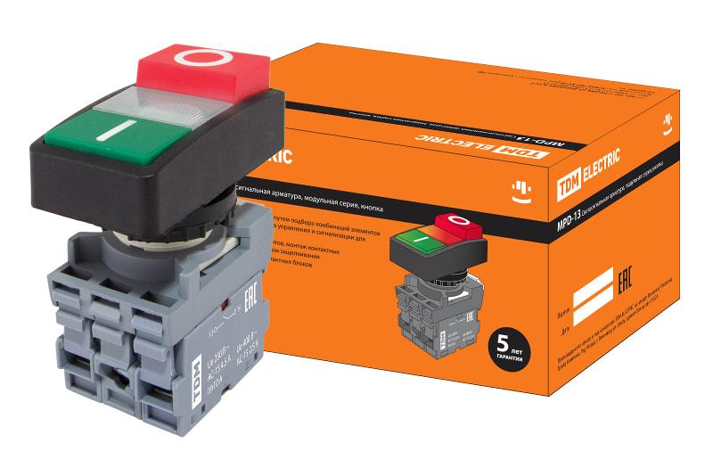 Кнопка двойная MPD13-11С (зеленая/красная-выступающая) (LED) d22мм/24В (I/O)  линза прозрачная