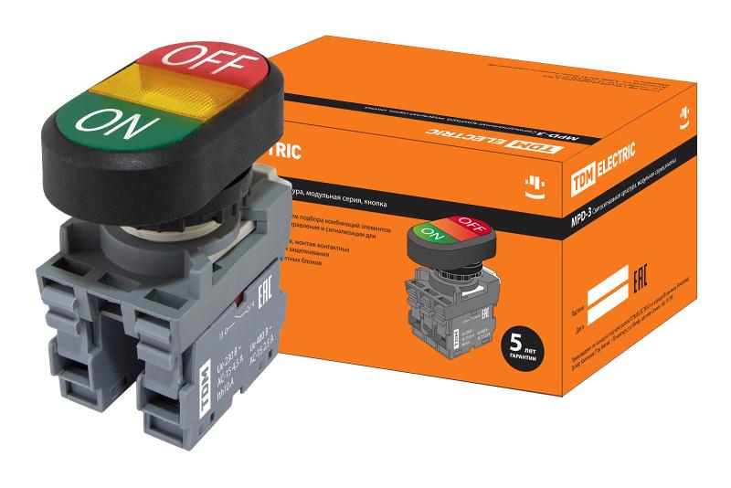 Кнопка двойная MPD3-11Y (зеленая/красная) (LED) в сборе d22мм/220В (ON/OFF)  линза желтая