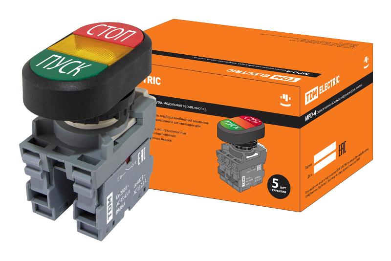 Кнопка двойная MPD4-11Y (зеленая/красная) (LED) в сборе d22мм/220В (ПУСК/СТОП) линза желтая