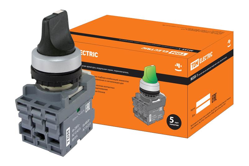 Переключатель на 3 положения с фиксацией M3SS1-20B короткая ручка в сборе d22мм 1з+1р черный