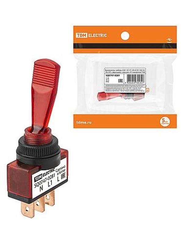 Выключатель-тумблер ASW-13D 1P 12В AC/DC 20А (3c) ON-OFF с фиксацией с красной LED подсветкой
