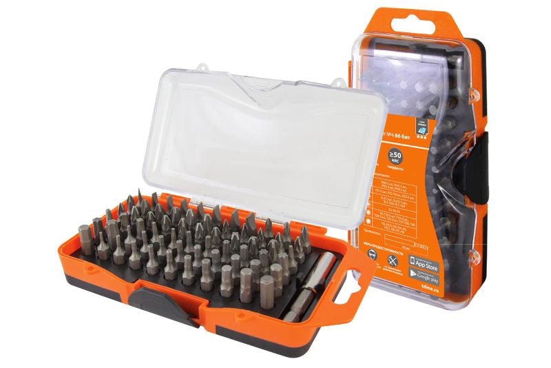 Набор бит №4, 66 бит: SL, PH, PZ, HEX, TORX, SQ, удлинитель, сталь CR-V, в пласт. держ.«Алмаз»