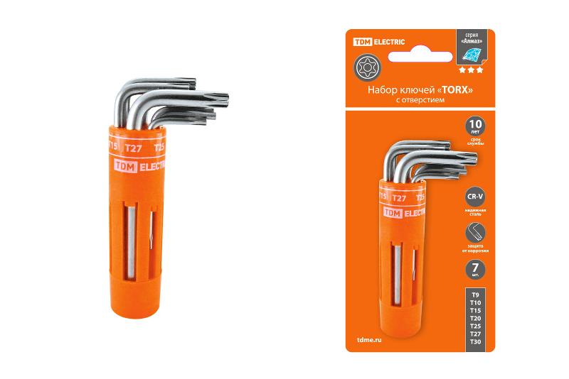 Набор ключей "TORX" с отверстием 7 шт: T9-T30 (круглый держатель в блистере), CR-V сталь "Алмаз"