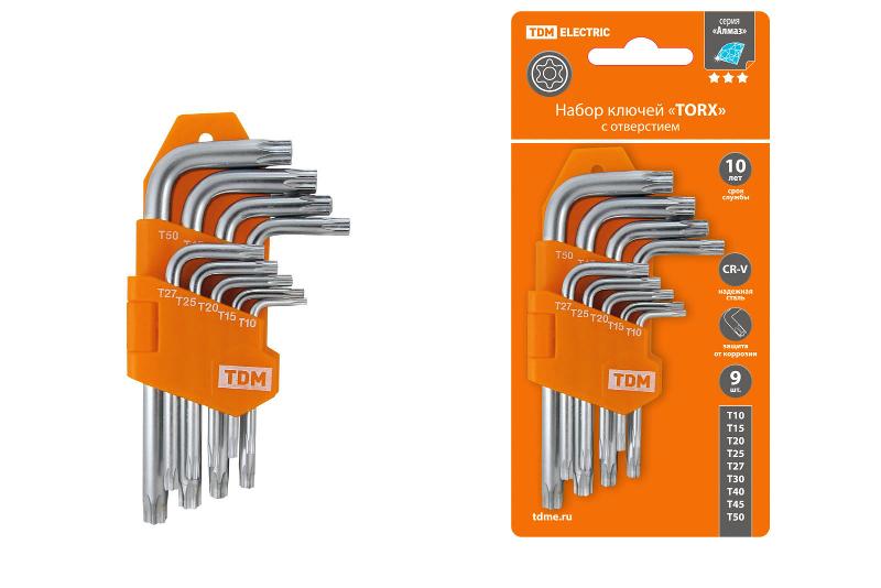Набор ключей "TORX" с отверстием 9 шт: Т10-Т50 (держатель в блистере), CR-V сталь "Алмаз"