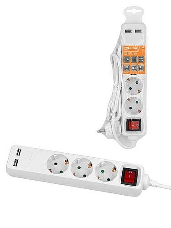 Удлинитель бытовой У03В-USB 3 гнезда, 2USB 2,4А, 1,5 м, вык., з/к, ПВС 3х0,75мм2 10А/250В белый