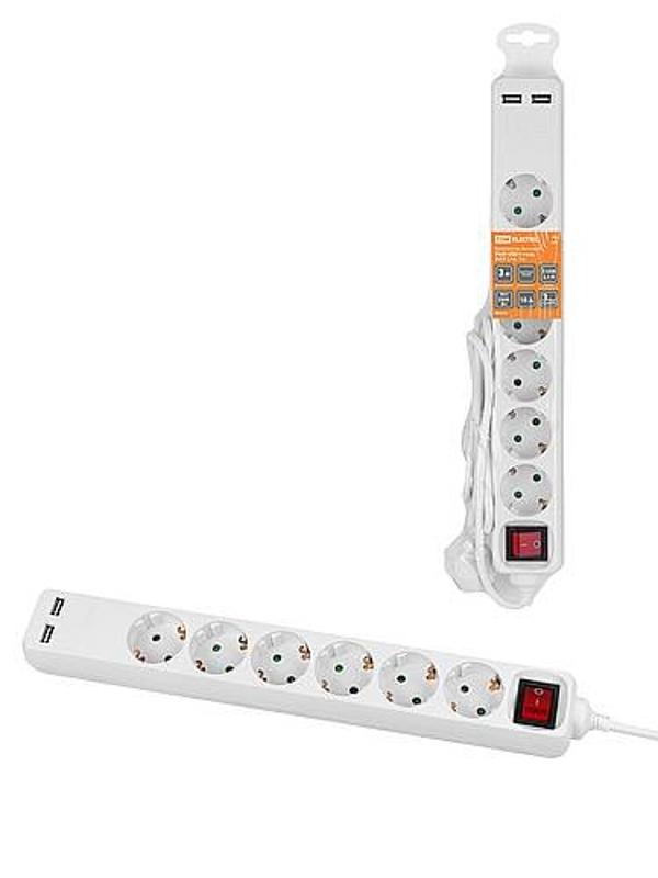 Удлинитель бытовой У06В-USB 6 гнезд, 2USB 2,4А, 3 м, вык., з/к, ПВС 3х0,75мм2 10А/250В белый