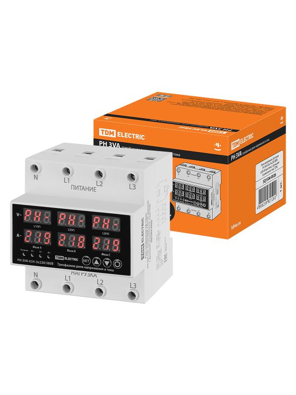 Реле напряжения 3ф РН 3VA-63А-3х380/220В (LED-VA-дисплей, с функцией ограничения тока)