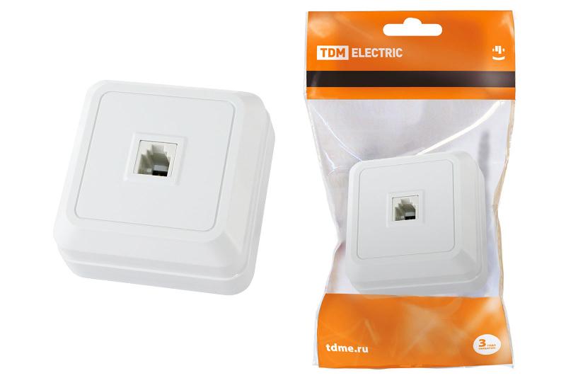 Розетка TФ (RJ-11) открытой установки IP20, белая "Ладога"