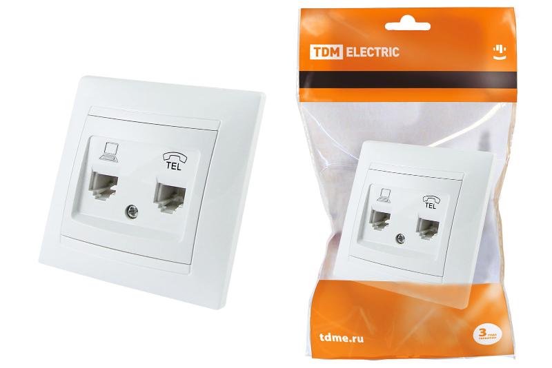 Розетка телефонная RJ11 + компьютерная RJ45 белая "Лама"