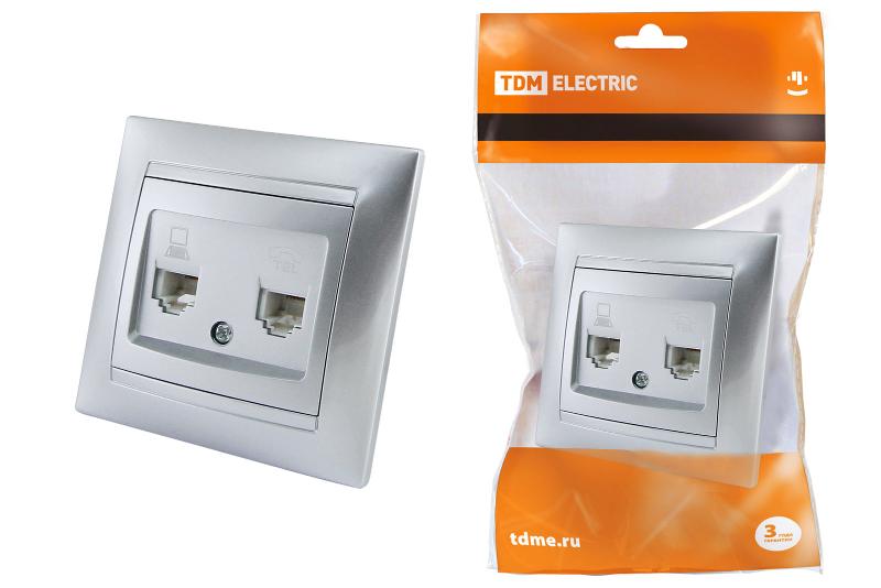Розетка телефонная RJ11 + компьютерная RJ45 серебр. металлик "Лама"