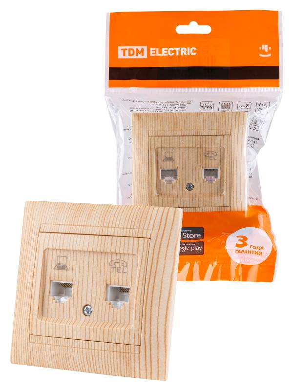 Розетка телефонная RJ11 + компьютерная RJ45 сосна "Лама"