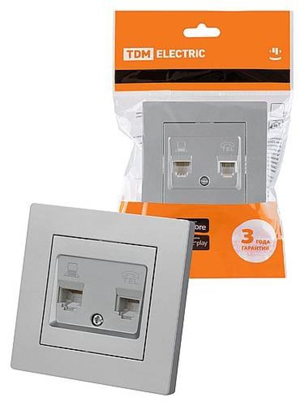 Розетка телефонная RJ11 + компьютерная RJ45 серебр. металлик "Сенеж"