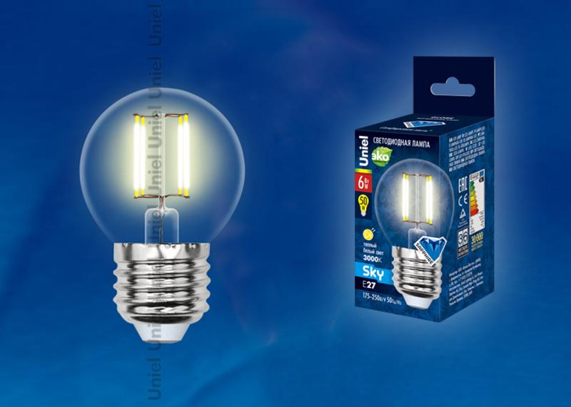 Лампа светодиодная LED-G45-6W/WW/E27/CL PLS02WH LED. "шар", прозр.3000К Серия Sky