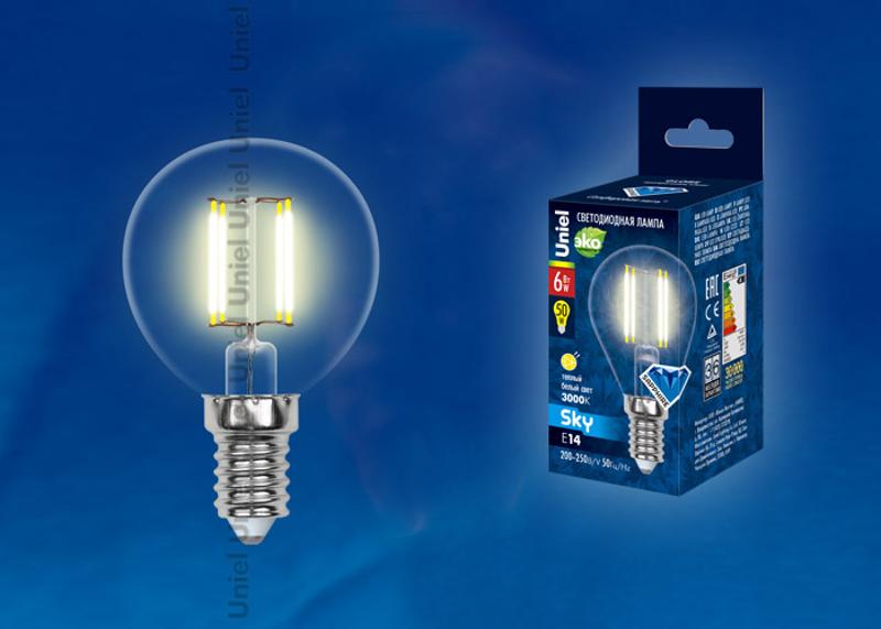 Лампа светодиодная LED-G45-6W/WW/E14/CL PLS02WH LED. "шар", прозр. 3000К Серия Sky.
