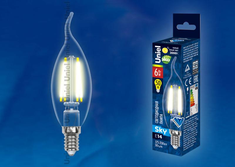 Лампа светодиодная LED-CW35-6W/WW/E14/CL PLS02WH LED. "свеча на ветру", прозр. Серия Sky. 3000К .