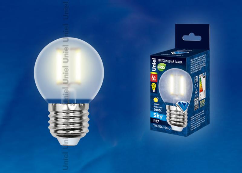 Лампа светодиодная LED-G45-6W/WW/E27/FR PLS02WH LED. "шар", мат. 3000К Серия Sky