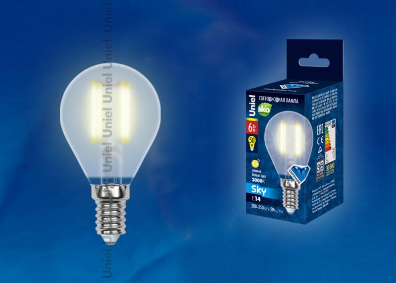 Лампа светодиодная LED-G45-6W/WW/E14/FR PLS02WH LED. "шар", мат.3000К Серия Sky