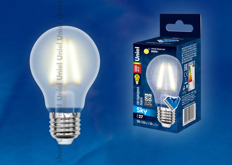 Лампа светодиодная LED-A60-8W/WW/E27/FR PLS02WH LED. "груша" мат.. Серия Sky. 3000К .