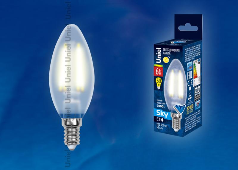 Лампа светодиодная LED-C35-6W/WW/E14/FR PLS02WH LED. "свеча", мат.. Серия Sky. 3000К .