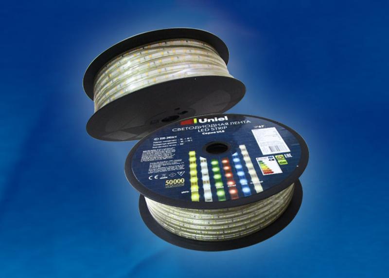 Лента светодиодная 220В 50м дневной свет ULS-2835-60LED/m-10mm-IP67-220V-8W/m-50M-DW 6500К