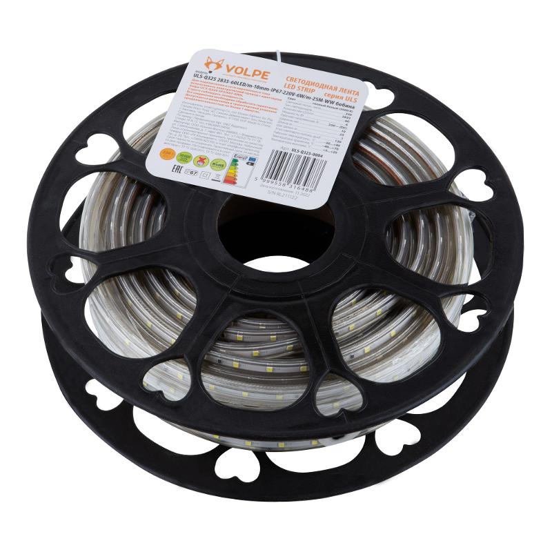 Лента светодиодная 220В IP67 25м теплый белый свет ULS-Q325 2835-60LED/m-10mm-IP67-220V-6W/m-25M-WW