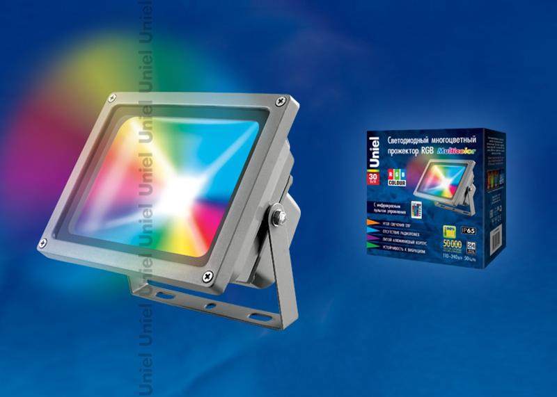 Прожектор светодиодный ULF-S01-30W/RGB/RC IP65 110-240В  30вт с пультом ДУ, мультиколор, серый