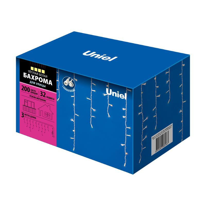 Бахрома с коннекторами светодиодная  с контроллером  ULD-B3010-200/TWK WARMWHITE IP67 , 3 м. 200 диодов, шнур белый, соед