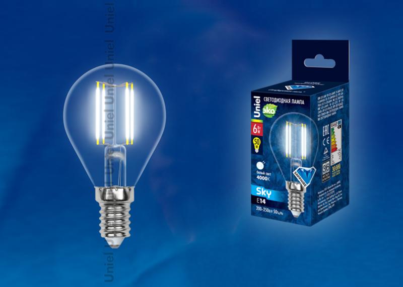 Лампа светодиодная LED-G45-6W/NW/E14/CL PLS02WH LED. "шар", прозр.4000К Серия Sky.