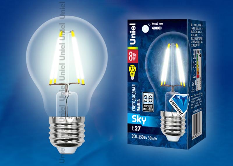 Лампа светодиодная LED-A60-8W/NW/E27/CL PLS02WH LED. "груша" прозр. Серия Sky. 4000К