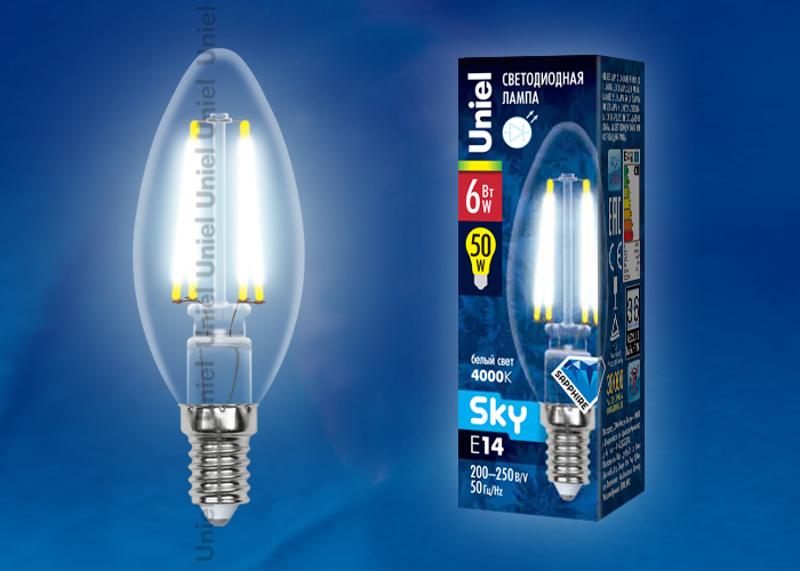 Лампа светодиодная LED-C35-6W/NW/E14/CL PLS02WH LED. "свеча", прозр. Серия Sky. 4000К