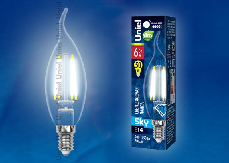 Лампа светодиодная LED-CW35-6W/NW/E14/CL PLS02WH LED. "свеча на ветру", прозр. Серия Sky. 4000К