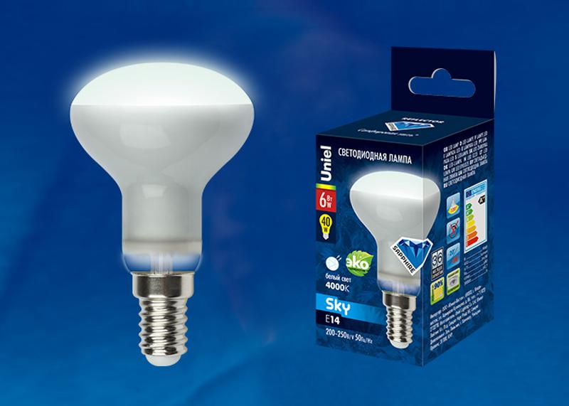 Лампа светодиодная LED-R50-6W/NW/E14/FR PLS02WH LED. «Рефлектор», матовая 4000К Серия Sky