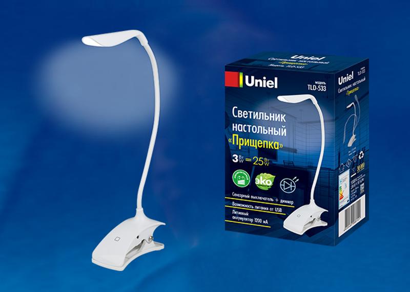 Светильник настольный TLD-533 White/LED/250Lm/5500K/Dimmer "прищепка" 3W акк 5V/1200mA сенсор Белый
