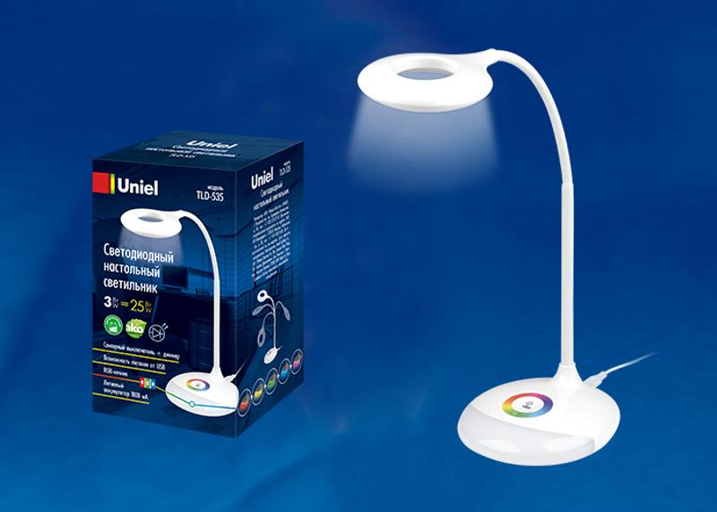 Светильник настольный TLD-535 White/LED/250Lm/5500K/Dimmer с ночником RGB 4W акк 1800mAh сенсор Белый