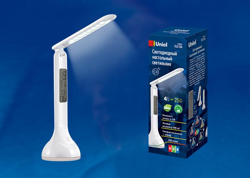 Светильник настольный TLD-536 White/LED/250Lm/5500K/Dimmer с ночником RGB и календарем 4W акк 1200mAh сенсор Белый
