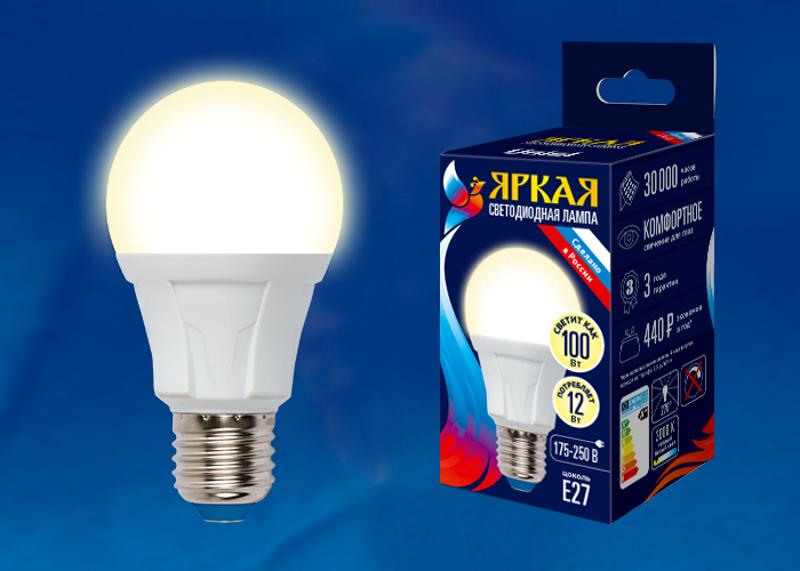 Лампа светодиодная LED-A60 12W/WW/E27/FR PLP01WH LED. "груша", матовая. серия Яркая, пр-во Россия, 3000K