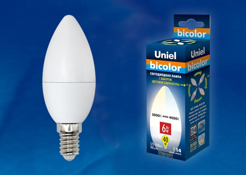 Лампа светодиодная LED-C37-6W/WW+NW/E14/FR PLB01WH LED. «свеча», матовая. серия Bicolor. .