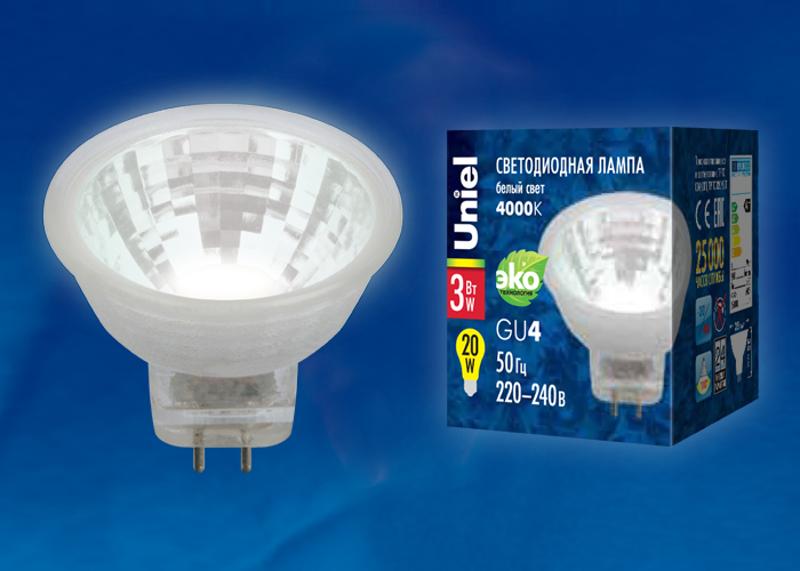Лампа светодиодная LED-MR11-3W/NW/GU4/220V GLZ21TR LED, 220V. прозр 4000K