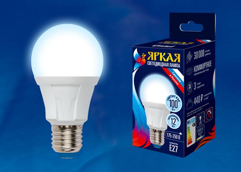 Лампа светодиодная LED-A60 12W/DW/E27/FR PLP01WH LED. "груша", матовая. серия Яркая, пр-во Россия, 6500K